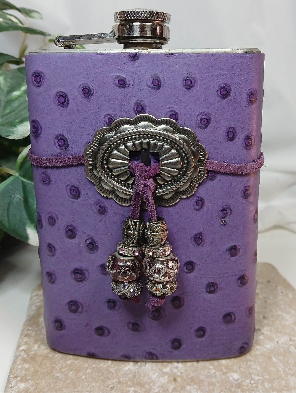 Western Style Travel Hip Flask Faux Ostrich Leather, Concho w Beads Purple
